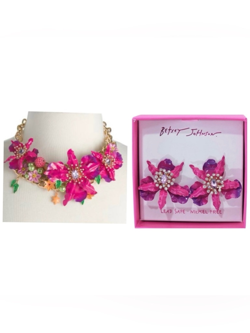 BETSEY JOHNSON SET Pink & Purple Ombré Tropic Orchid Earrings & Necklace NEW NWT